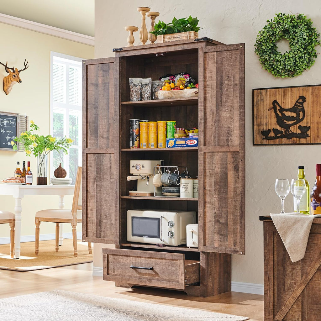 JXQTLINGMU Farmhouse Kitchen Pantry - 72 Tall Wood Kitchen Storage Cabinet with Adjustable Shelves and 2 Barn-Style Doors and Drawers