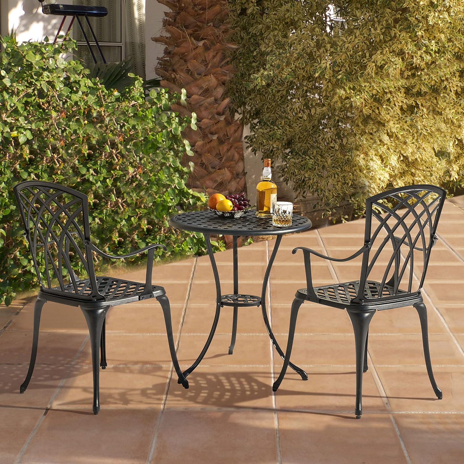 NUU GARDEN Bistro Set 3 Piece Outdoor Cast Aluminum Patio Bistro Set Patio Table and Chairs Set of 2 with Umbrella Hole and Gray Cushions, Black