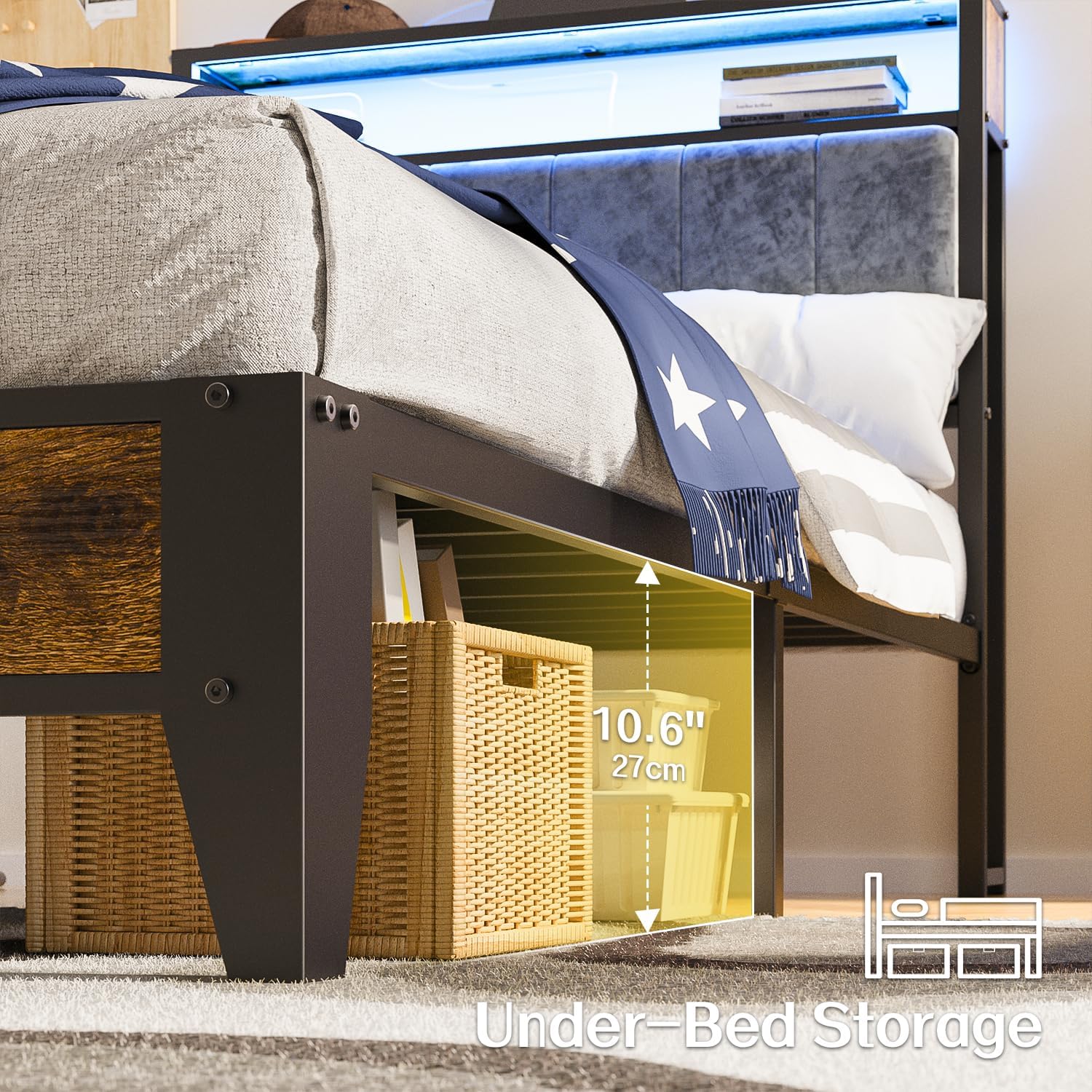 OLEVS Single Bed Frame LED Light Storage Headboard Type C Charging Station Metal Platform Bed