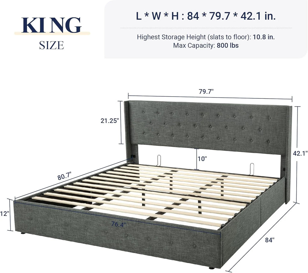 Allewie Queen Size Lift Up Storage Bed Modern Wingback Headboard Hydraulic Support