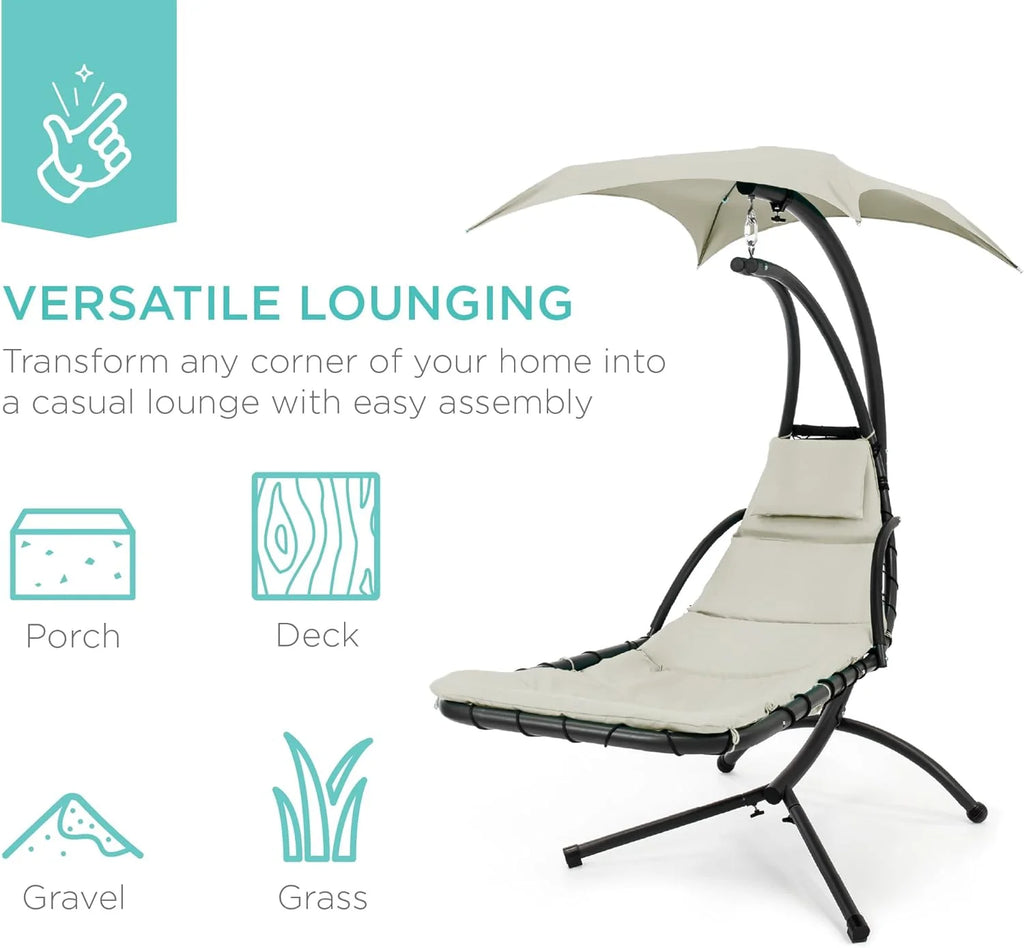 Best Choice Products Outdoor Hanging Curved Steel Chaise Lounge Chair Swing w/Built-in Pillow and Removable Canopy - Teal