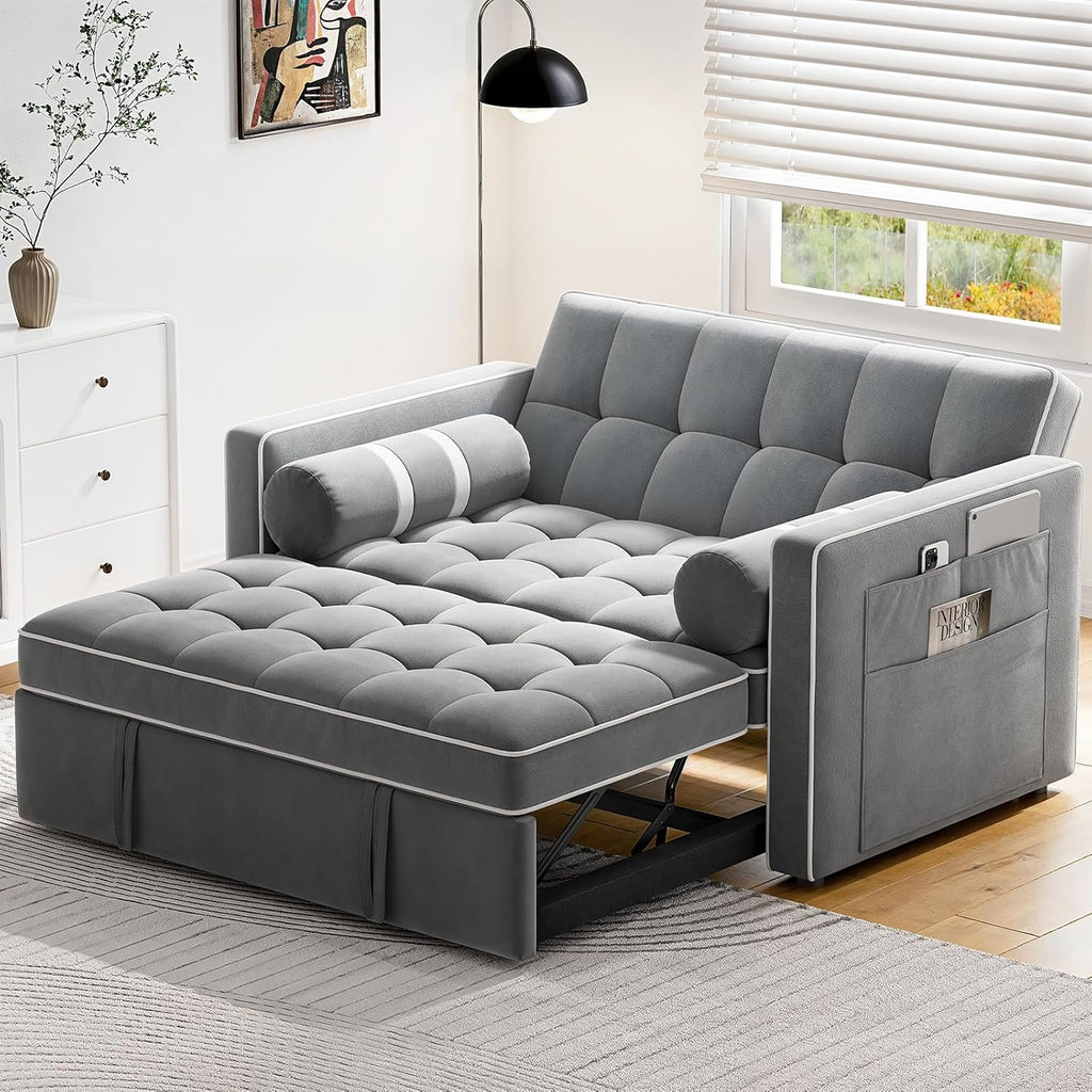 Pipishell 3 in 1 Convertible Sleeper Sofa Bed,Pull Out Couch for Living Room with USB Ports & Side Pockets,Adjustable Backrest,Velvet,Loveseat Sofa Bed,Futon Couches,Black