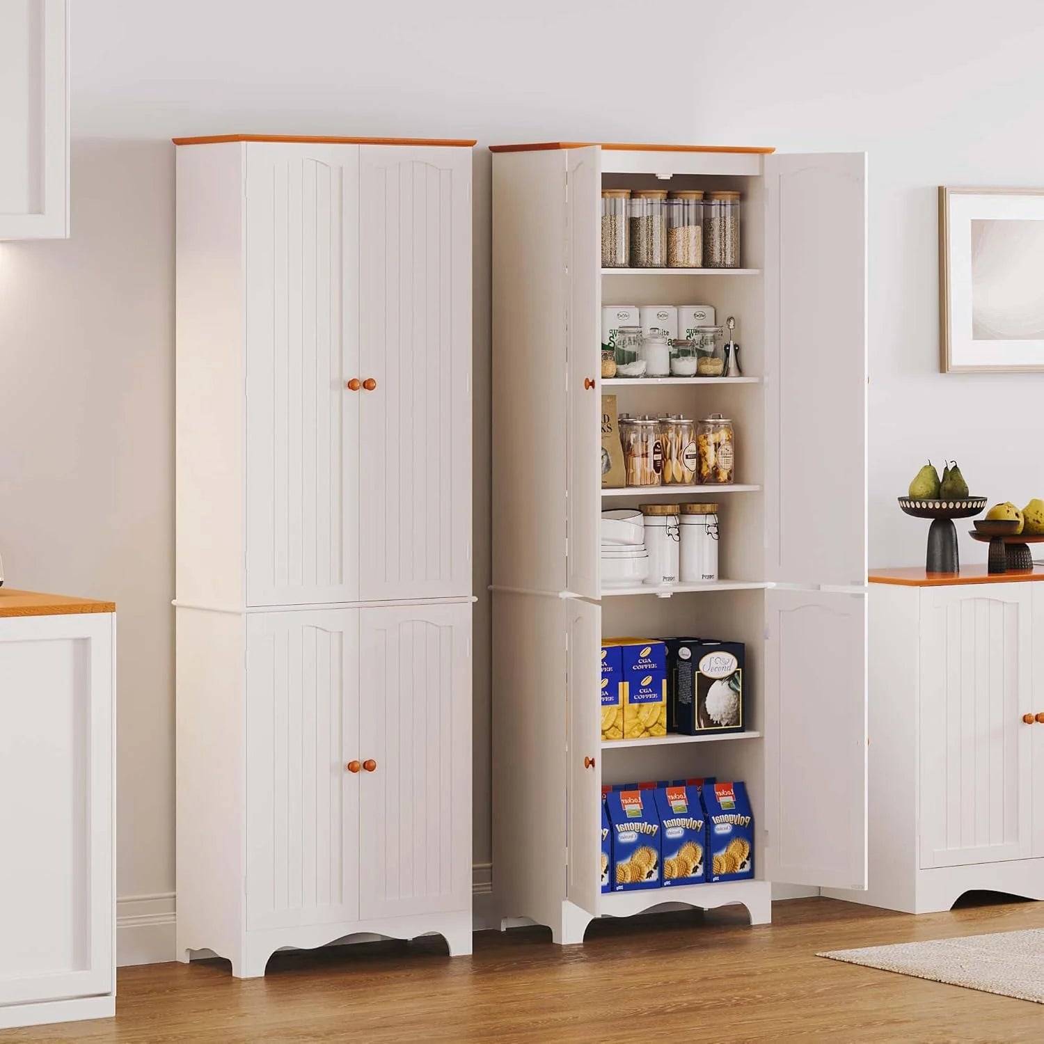 Tall Pantry Cabinet, Freestanding Storage Cabinet, Wooden Kitchen Pantry with 4 Doors and 5 Shelves, 72 Floor Cabinet Organizer