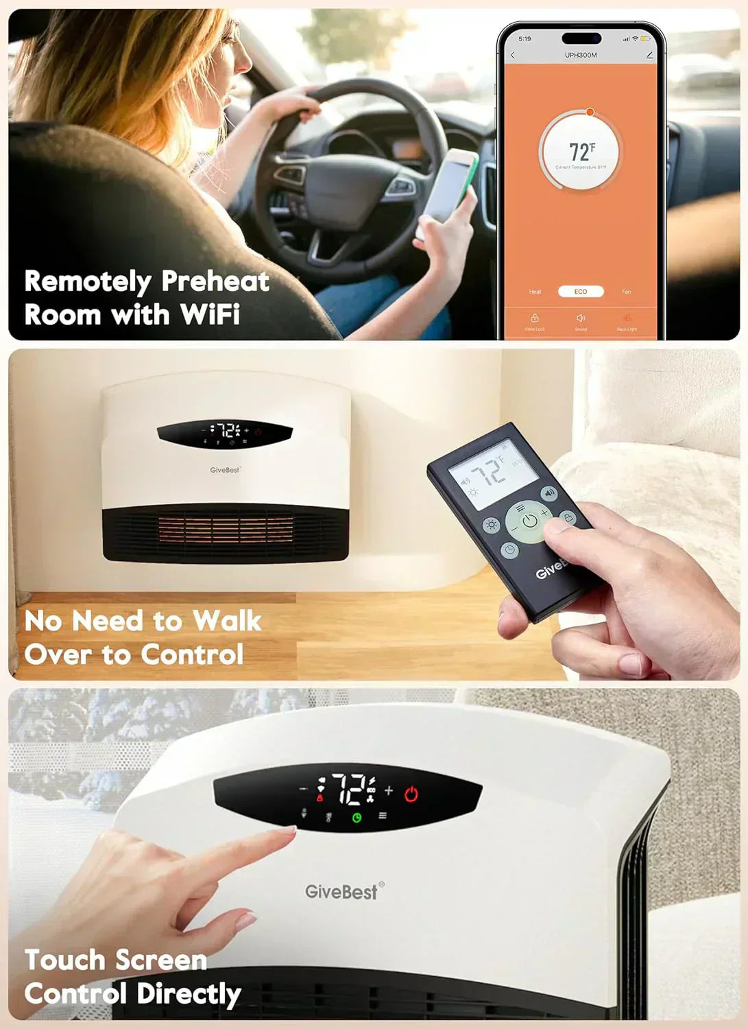 Wall mounted electric heater with WiFi and remote control floor standing heater 1500W