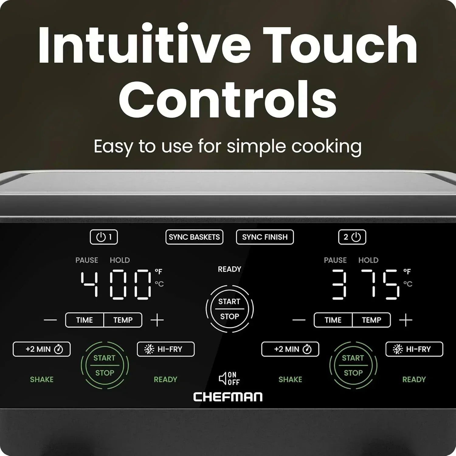 Chefman 6-Quart Double Basket Air Fryer Easy View Window uses two separate nonstick pans