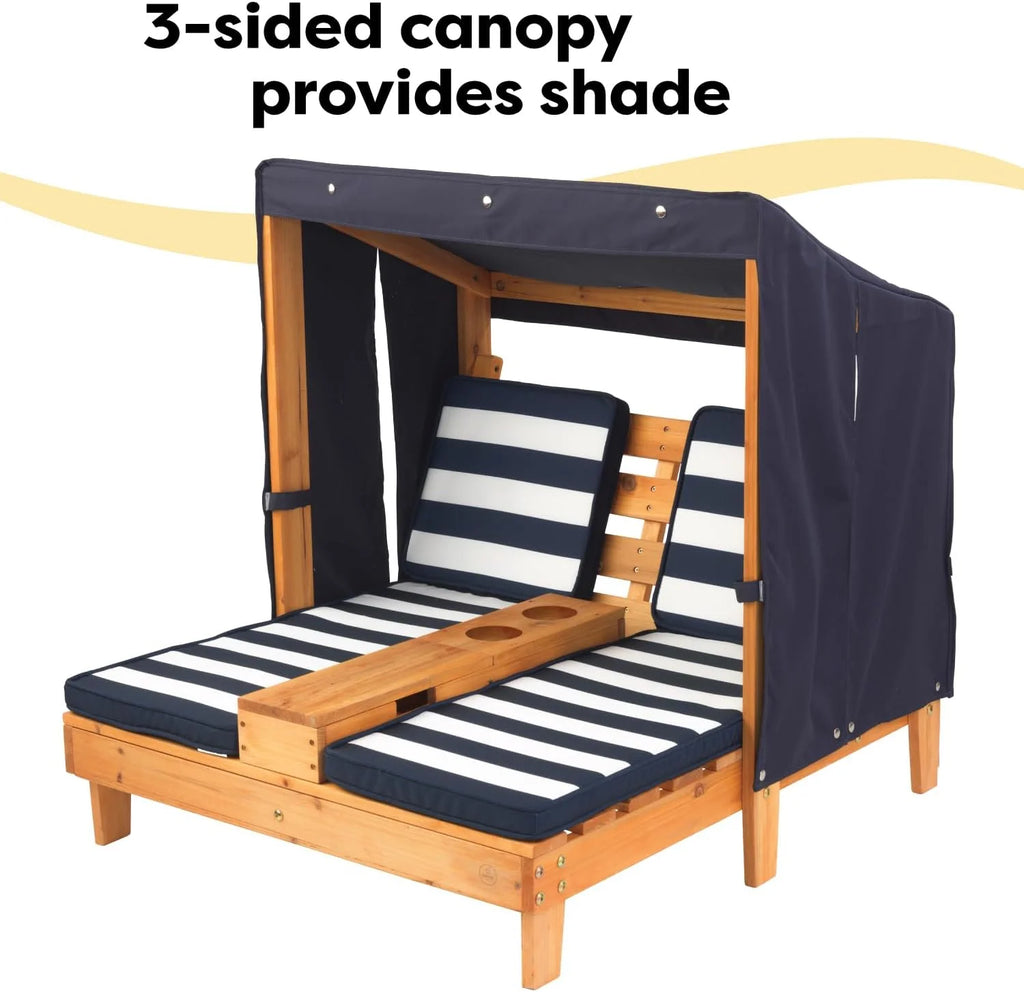 KidKraft Wooden Outdoor Double Chaise Lounge with Cup Holders, Kid's Patio Furniture, Honey with Navy and White Striped Fabric, Gift for Ages 3-8