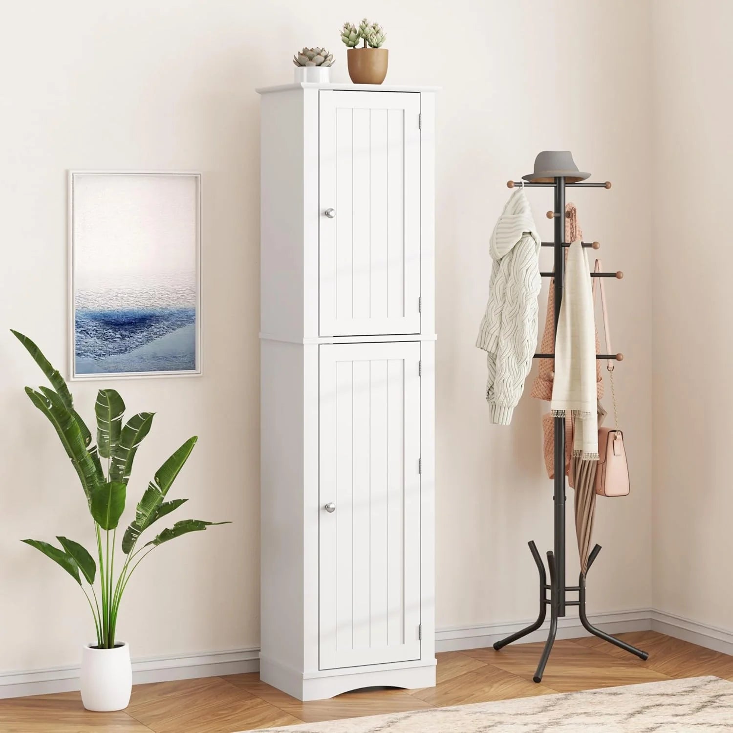 Tall Pantry Cabinet, Freestanding Storage Cabinet, Wooden Kitchen Pantry with 4 Doors and 5 Shelves, 72 Floor Cabinet Organizer