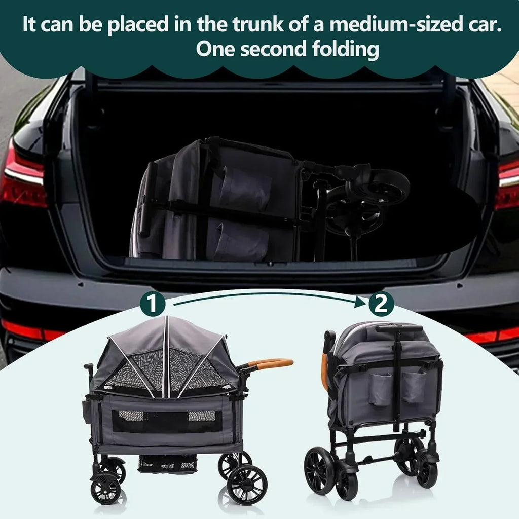 Wagon Stroller for 2 Kids Cargo-Travel Stroller Push-Pull Double Wagon Lightweight Folding Stroller