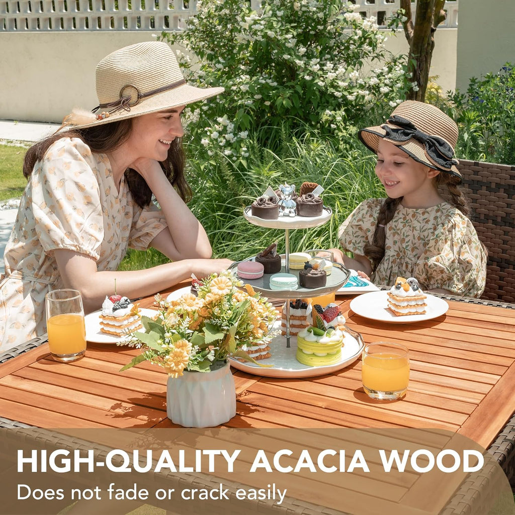 Devoko Dining 7 PCS Furniture Patio Conversation Set with Acacia Wood Table Top Rattan Outdoor
