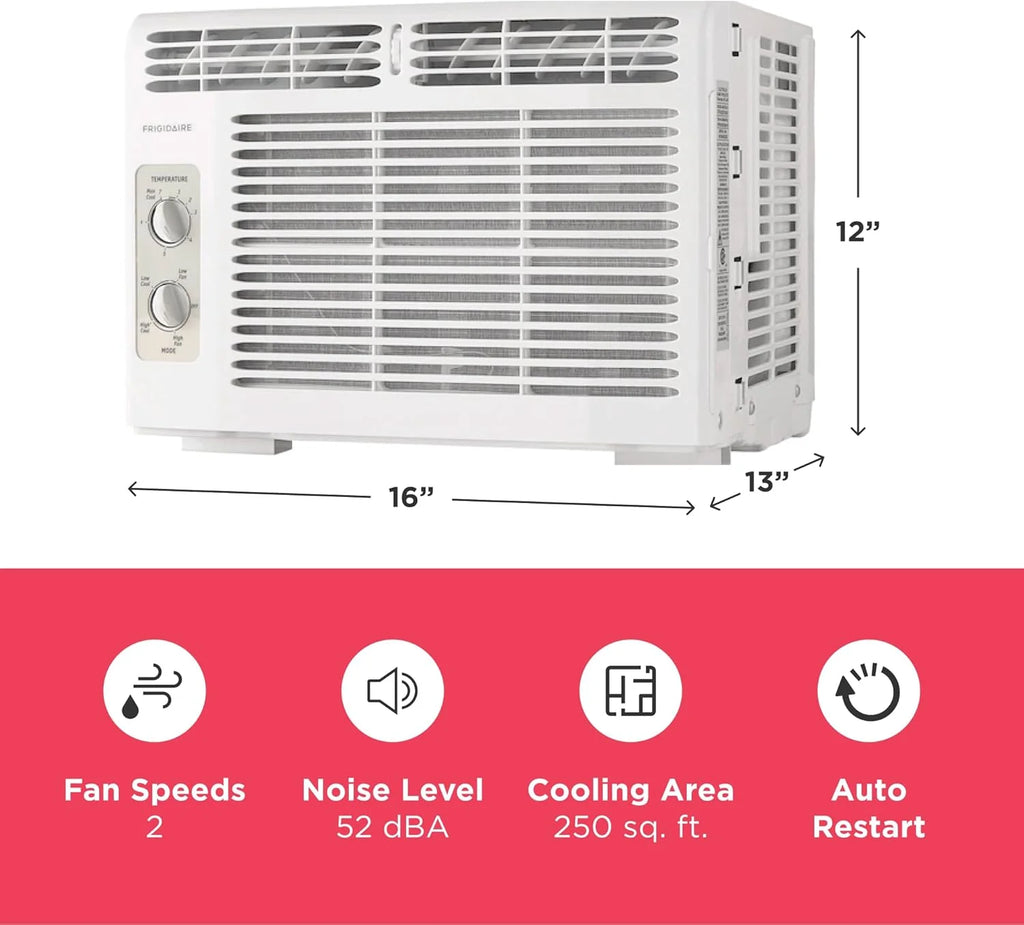 Frigidaire 5,000 BTU Window Air Conditioner with Remote Control, Cools Up to 150 Sq. Ft., Quiet Operation, Eco Mode, 3 Fan Speeds, Auto Restart, White