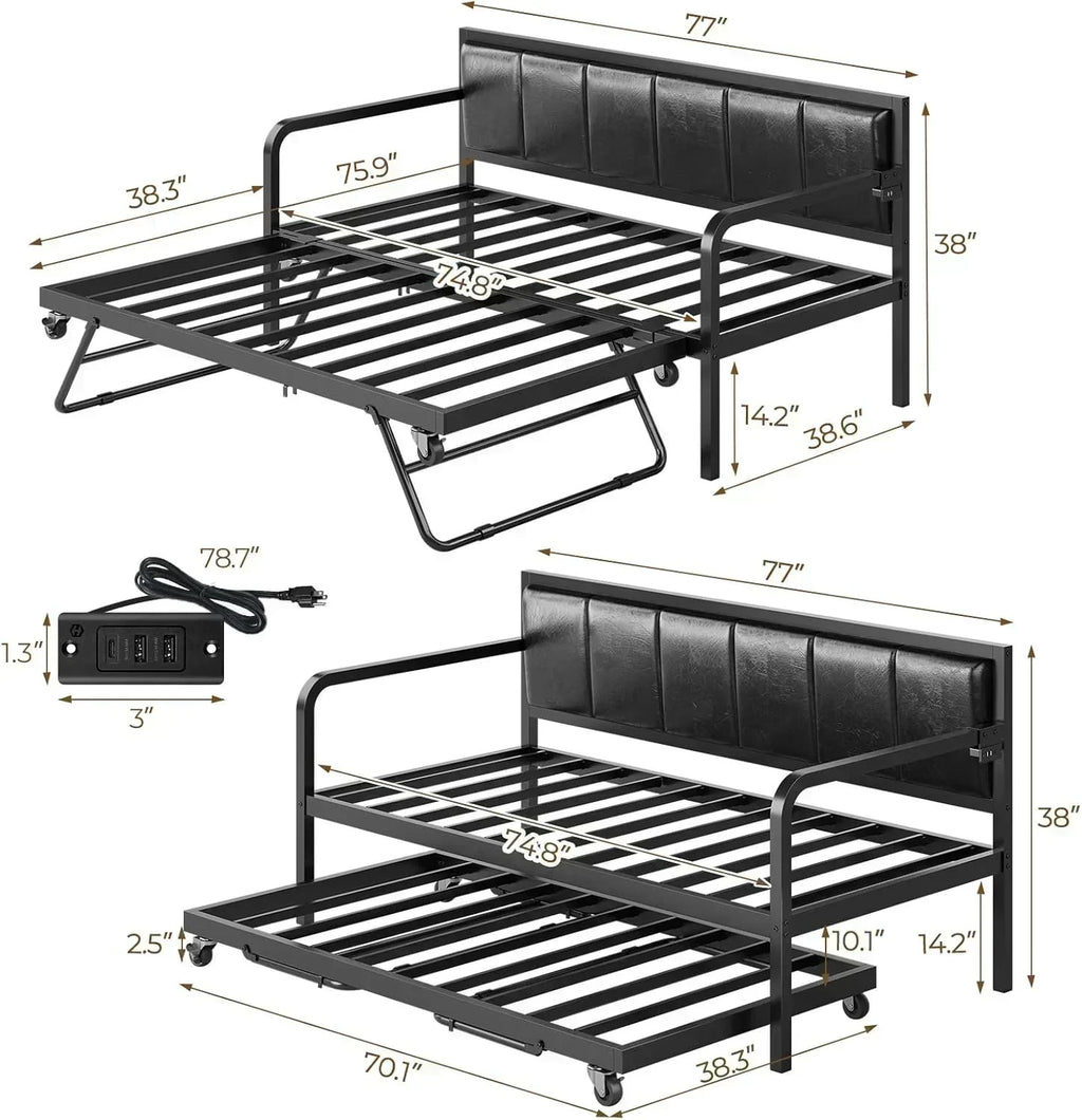 Rolanstar Daybed with Charging Station and LED Lights Height Adjustable Twin Daybed