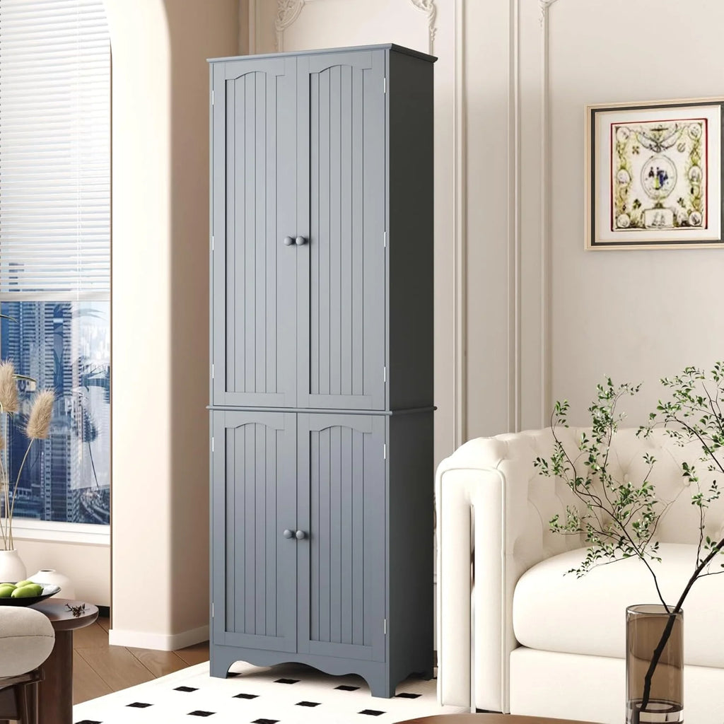 Tall Pantry Cabinet, Freestanding Storage Cabinet, Wooden Kitchen Pantry with 4 Doors and 5 Shelves, 72 Floor Cabinet Organizer