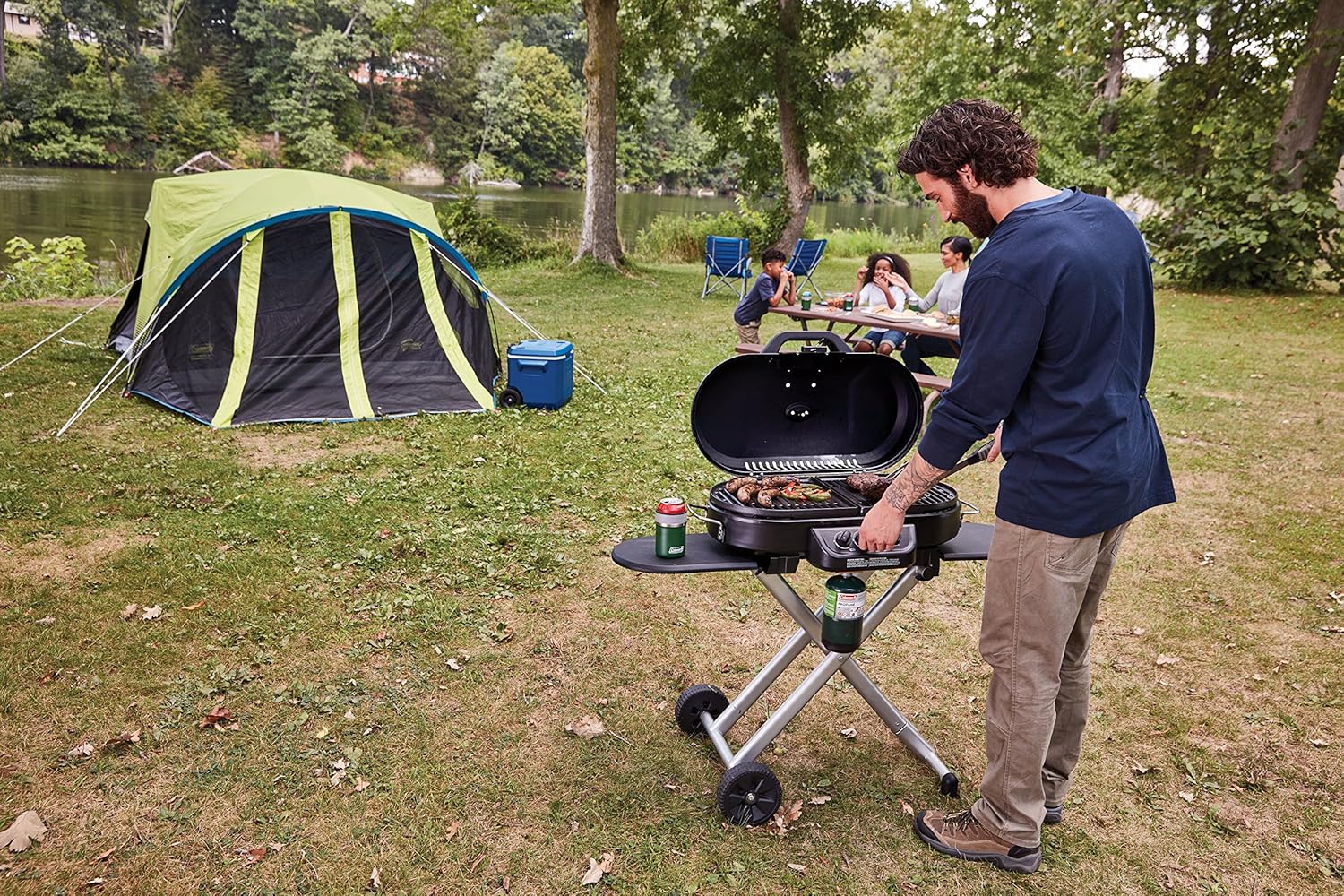 RoadTrip 285 Portable Stand-Up Propane Grill with 3 Adjustable Burners Instastart Ignition 20,000 BTUs