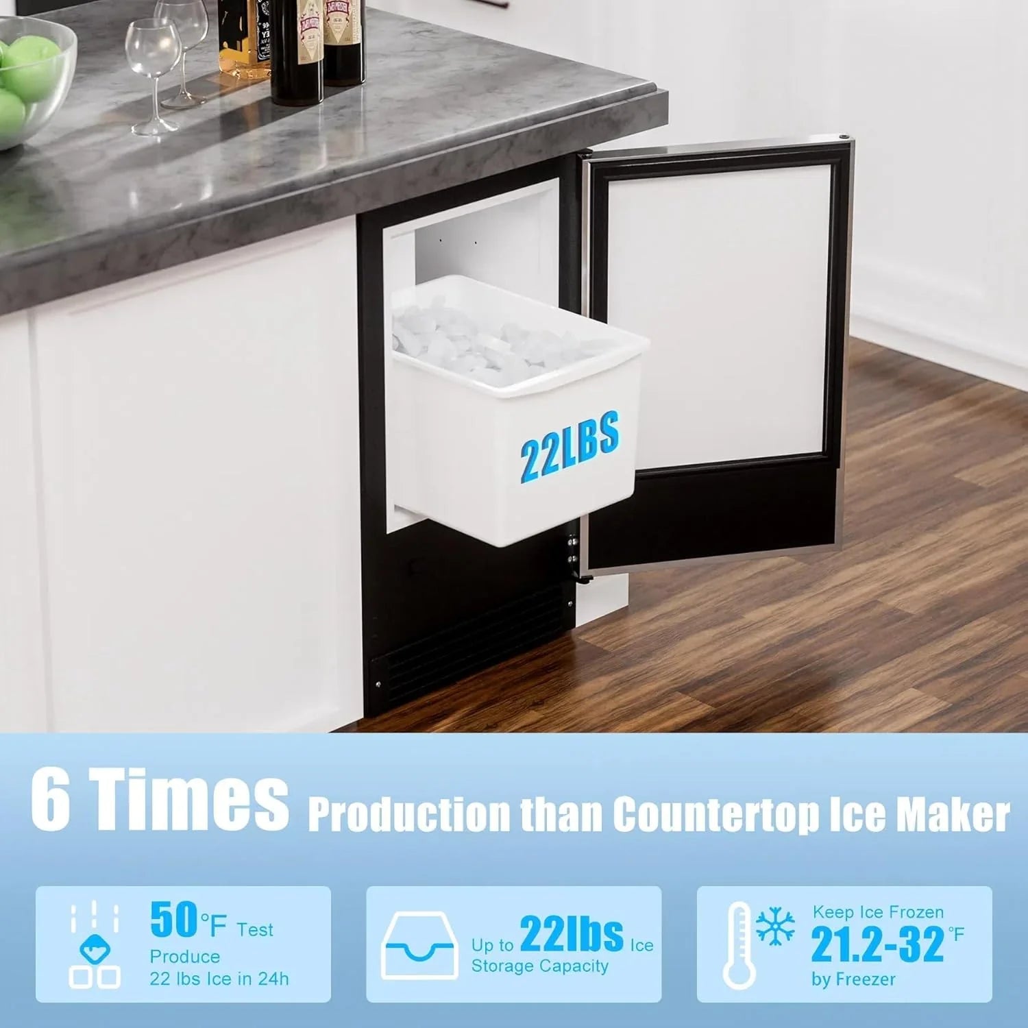 COTLIN 15 W Drainless Under Counter Ice Maker with 22LBS Storage Bin, Crescent Ice, Free Standing Built-in Ice Maker for Residential Commercial Use, No Drain Required, ETL Approved, 2025 Upgraded