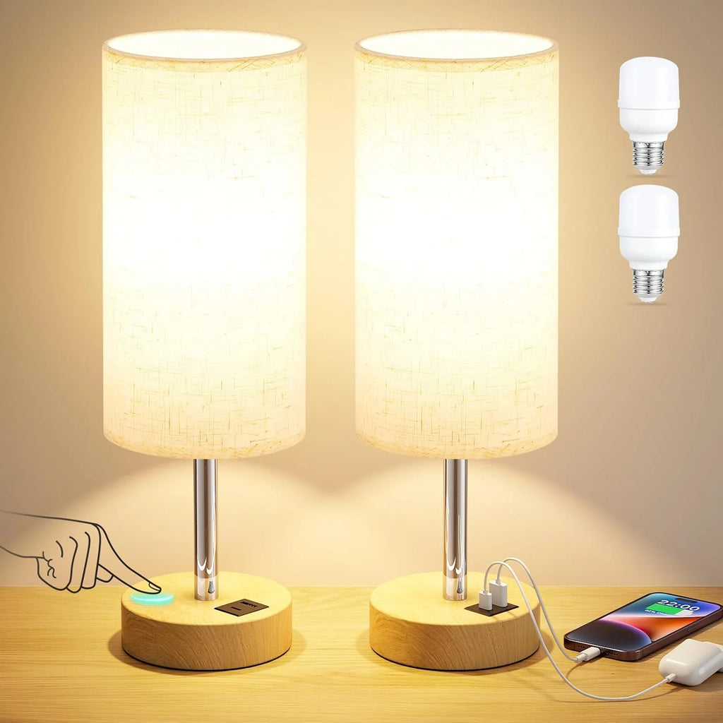 Touch Bedside Table Lamp with USB Wood Base 3 Way Dimmable Small Nightstand Lamp with LED Bulb for Bedroom Living Room