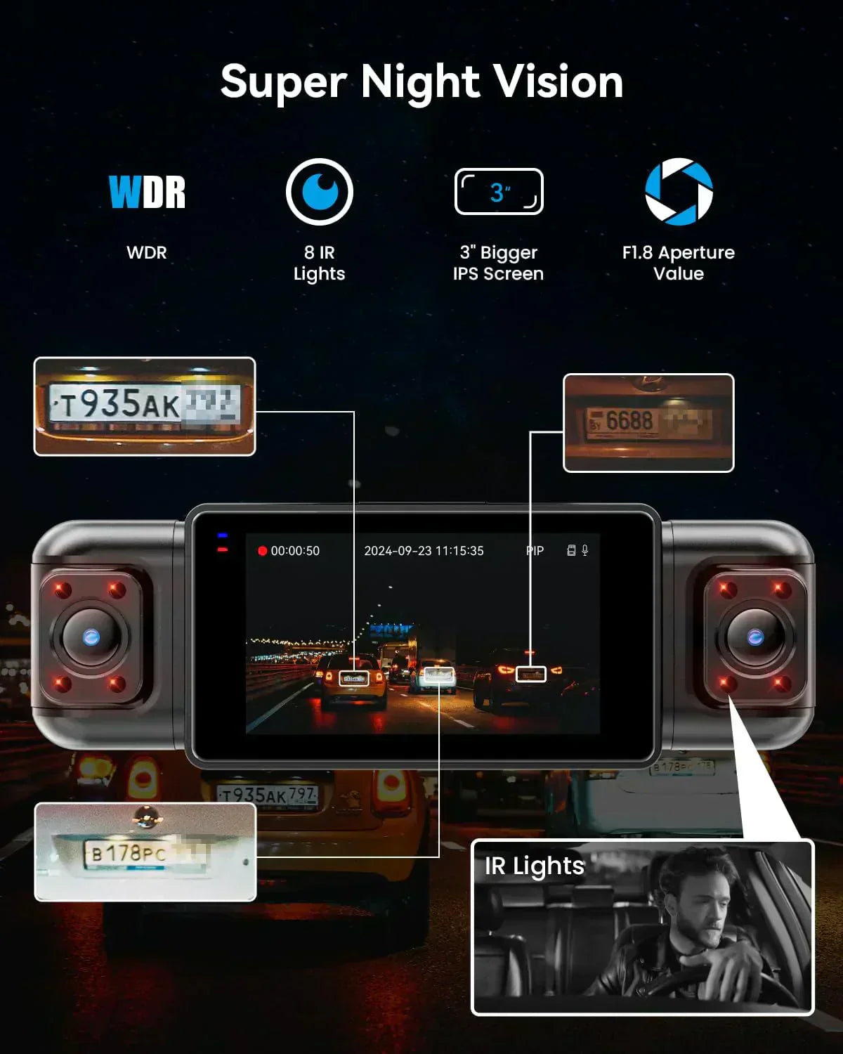 Channel Dash Cam 360° View 1080P Front and Rear Interior Car Left and Right Dash Cam