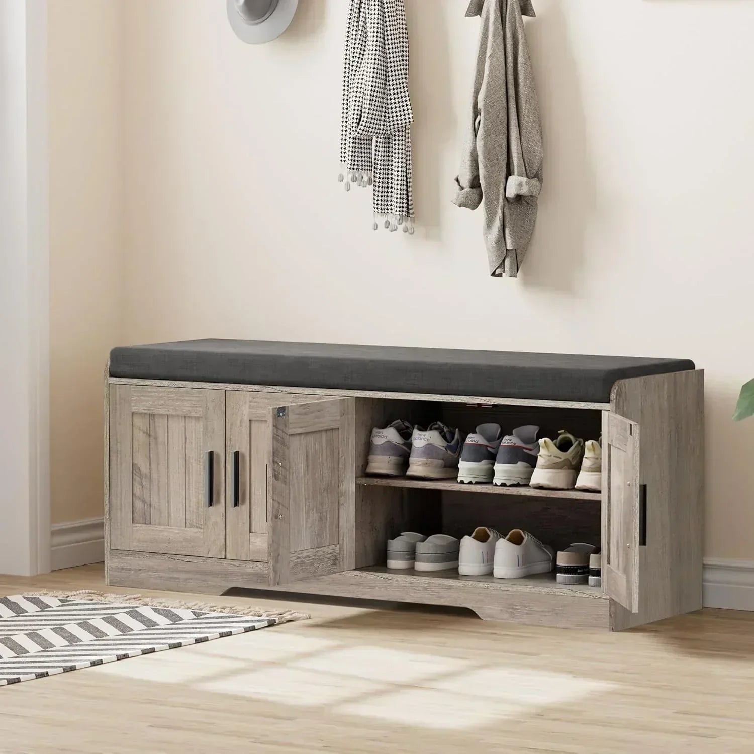 2-Tier Storage Bench Shoe Bench with Thickened Padded Seat Cushion Entryway Bench