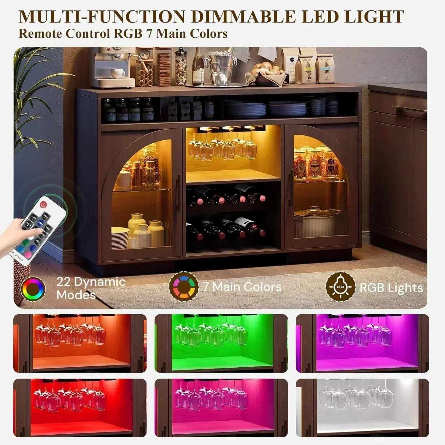 Sideboard 54-inch kitchen cabinet with LED lights and arched glass doors tall bar cabinet