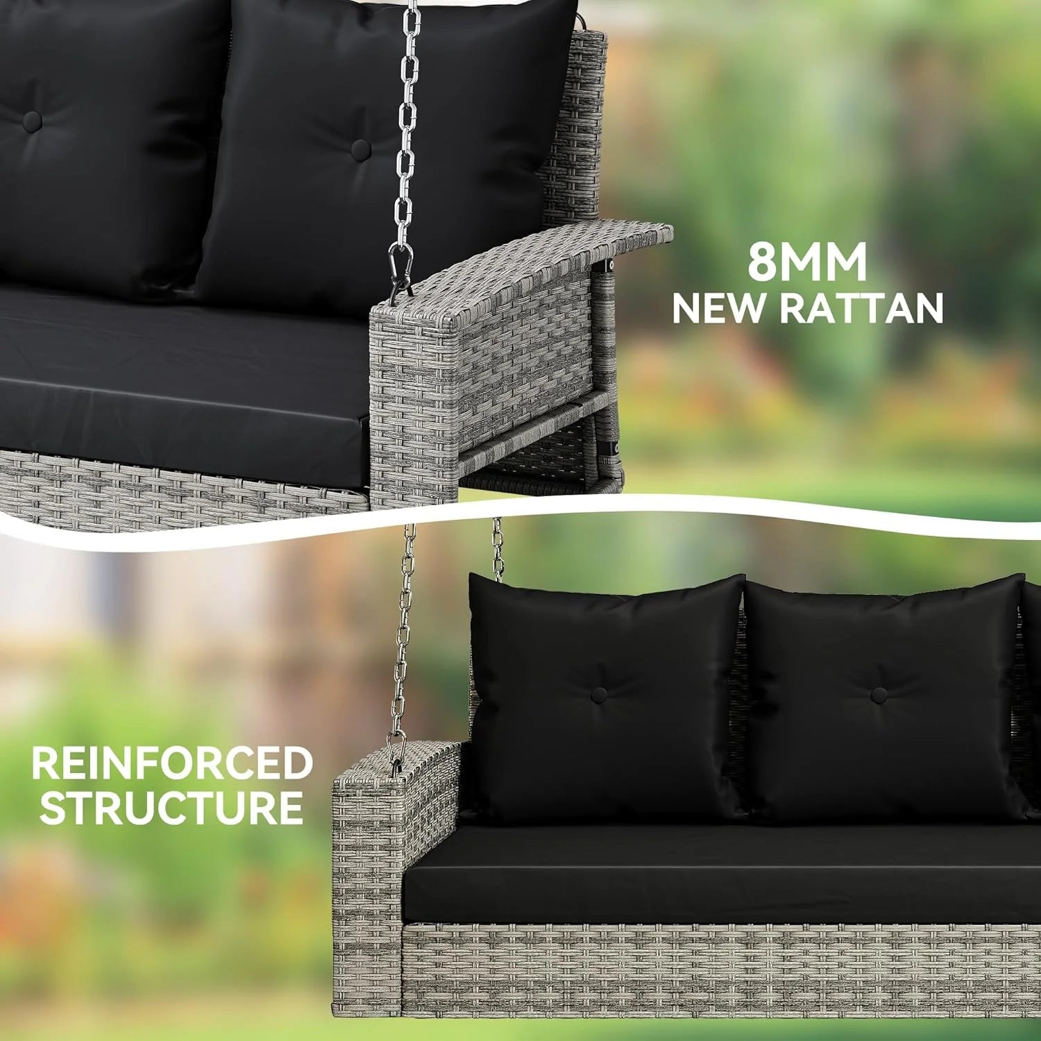 YITAHOME Hanging Porch Swing Chair Sits 3 People, Wicker Outdoor Swing Bench, Patio Lounge Chair, 1 Seating Cushion and 3 Back Cushions, w/Removable Covers, for Garden, Balcony, Backyard, Brown
