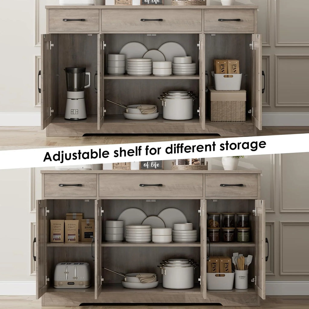 HOSTACK Buffet Cabinet with Drawers, 55 Large Sideboard Buffet Storage Cabinet with Shelves and Doors, Modern Farmhouse Coffee Bar Station Wood Kitchen Table for Kitchen, Dining Room, White/Rustic