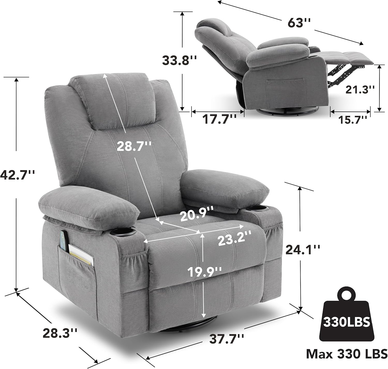Large Swivel Rocking Recliner with Massage Function 360 Degree Swivel Rocking Single Sofa