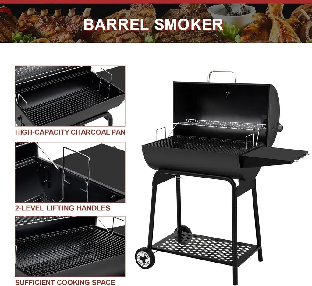 Royal Gourmet CC1830 30 Inch Barrel Charcoal Grill with Side Table Outdoor BBQ Grill  for Backyard