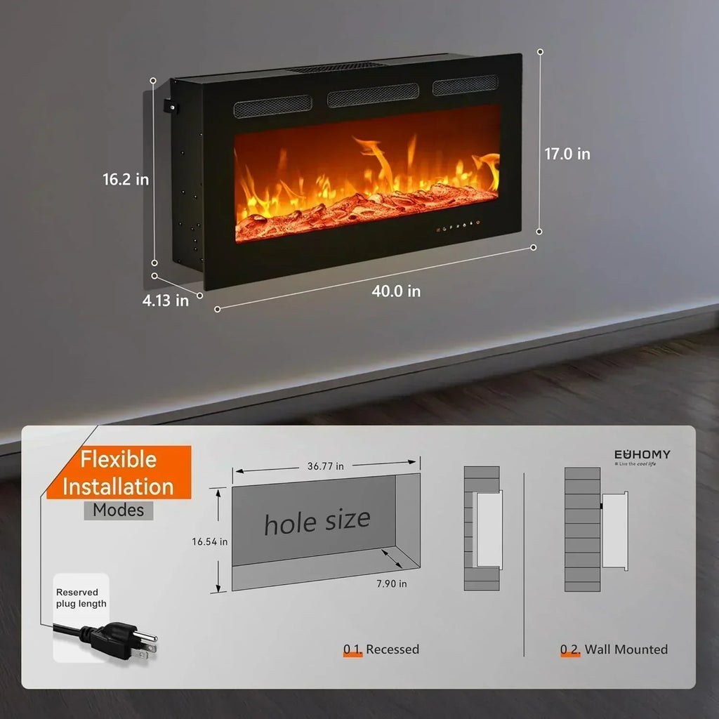 EUHOMY 50 Inch Electric Fireplace Wall Recessed Adjustable Flame Color Fireplace Heater