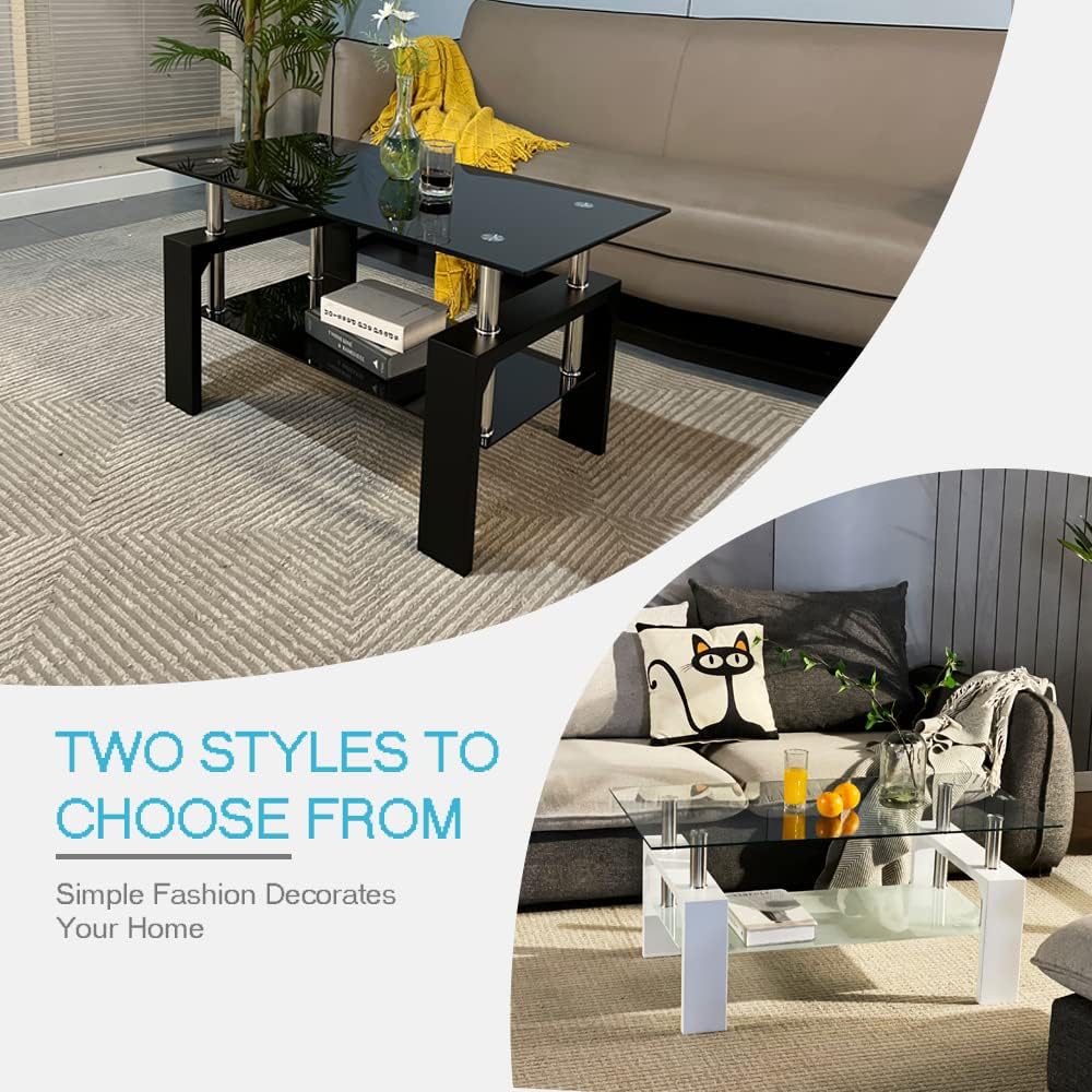 Living Room Rectangle Coffee Table, Tea Table Suitable for Waiting Room, Modern Side Coffee Table with Wooden Leg, Glass Tabletop