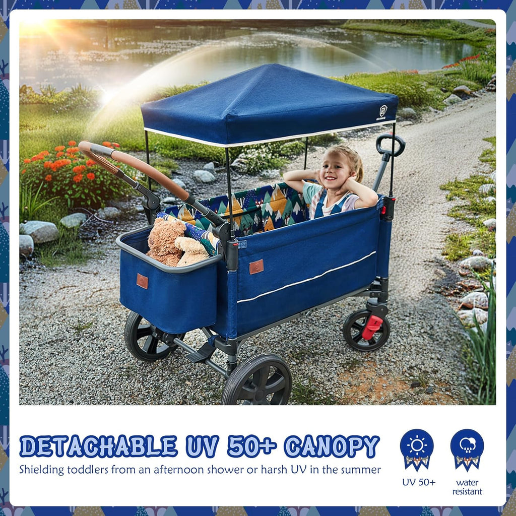 EVER ADVANCED Side-unzip Wagon Stroller for 2 Kids, Push Pull Stroller with Adjustable Handle, Easy Access Front Zipper Door, 5-Point Harness Removable UV-Protection Canopy Shock-Absorbing Wheels,Grey