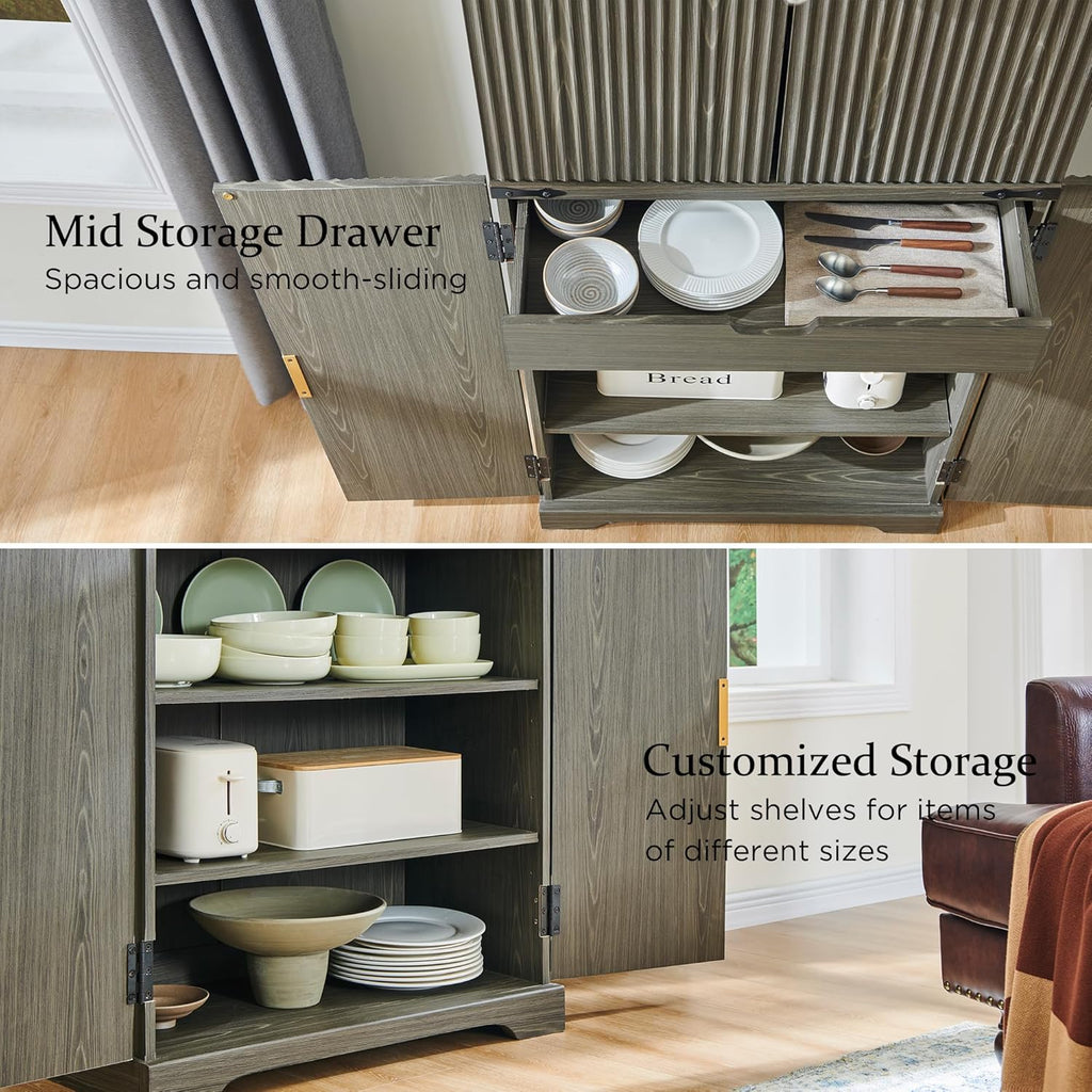 Fluted Pantry Cabinet 72 Tall Modern Storage Cabinet with 4 Doors Organizer Drawer