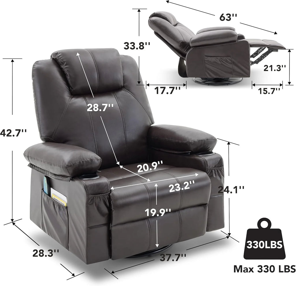 Large Swivel Rocking Recliner with Heating and Massage Function, 360 Degree Swivel Rocking Single Sofa