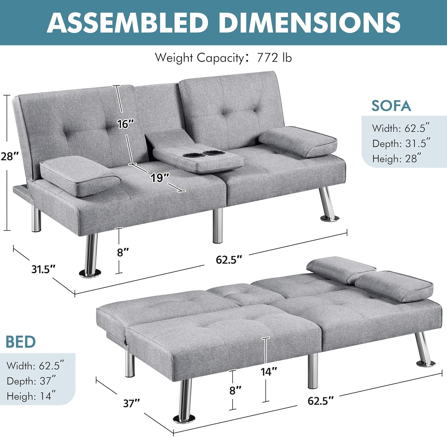 Yaheetech Convertible Sofa Bed Adjustable Couch Sleeper Modern Faux Leather Home Recliner Reversible Loveseat Folding Daybed Guest Bed, Removable Armrests, Cup Holders, 3 Angles, 772lb Capacity, Brown