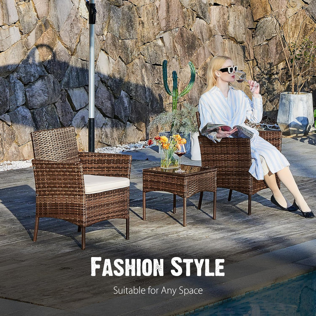 Sweetcripy Patio Furniture Set 3 Pieces Outdoor Furniture with Soft Cushion and Glass Table