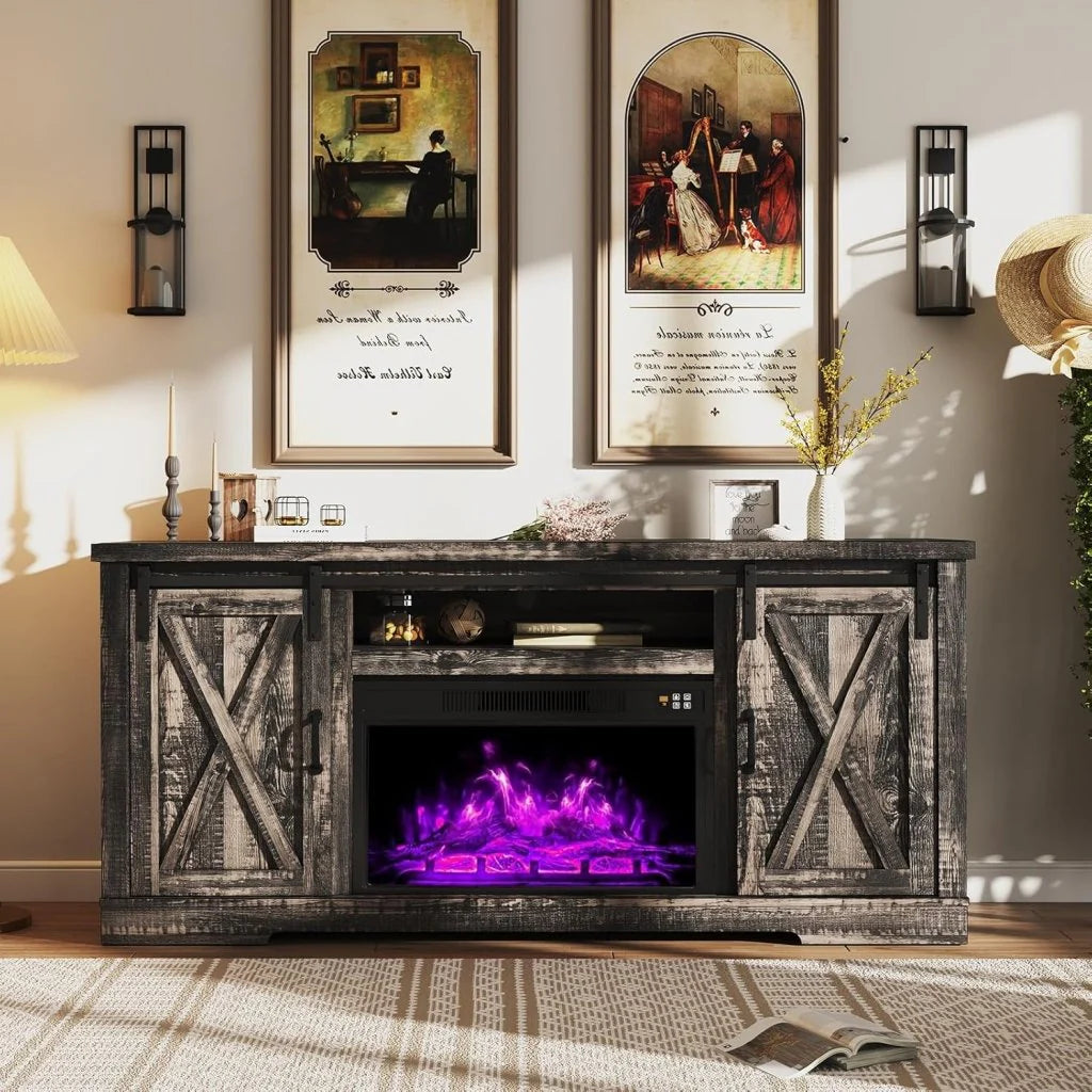 AMERLIFE Fireplace TV Stand with Sliding Barn Door for TVs up to 73, Farmhouse 63 Fireplace Entertainment Center with Storage Cabinets/Adjustable Shelves