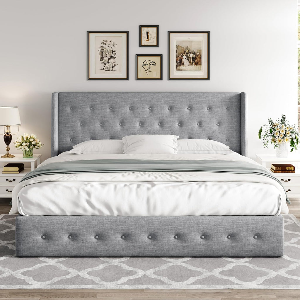 Allewie Queen Size Lift Up Storage Bed Modern Wingback Headboard Hydraulic Support