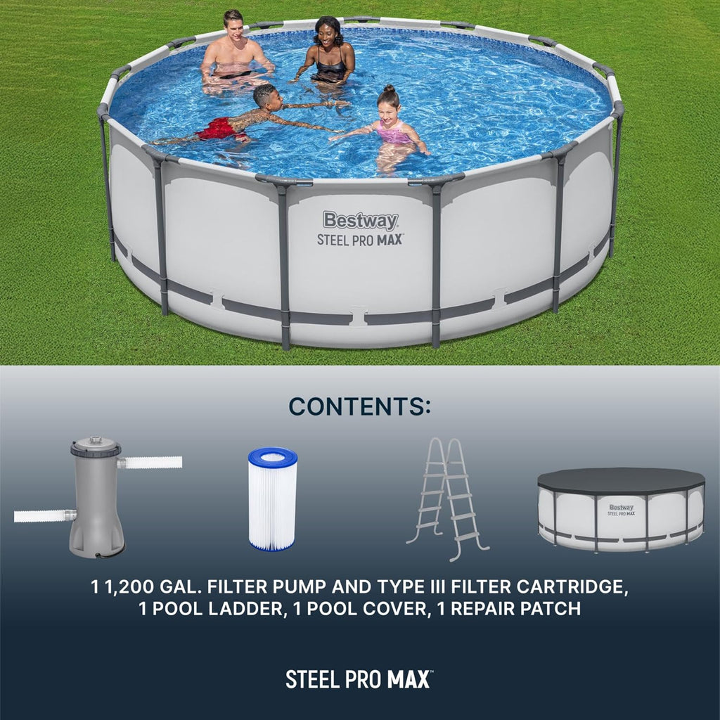 Steel Pro MAX 14 Foot x 48 Inch Round Metal Frame Above Ground Outdoor Swimming Pool Set