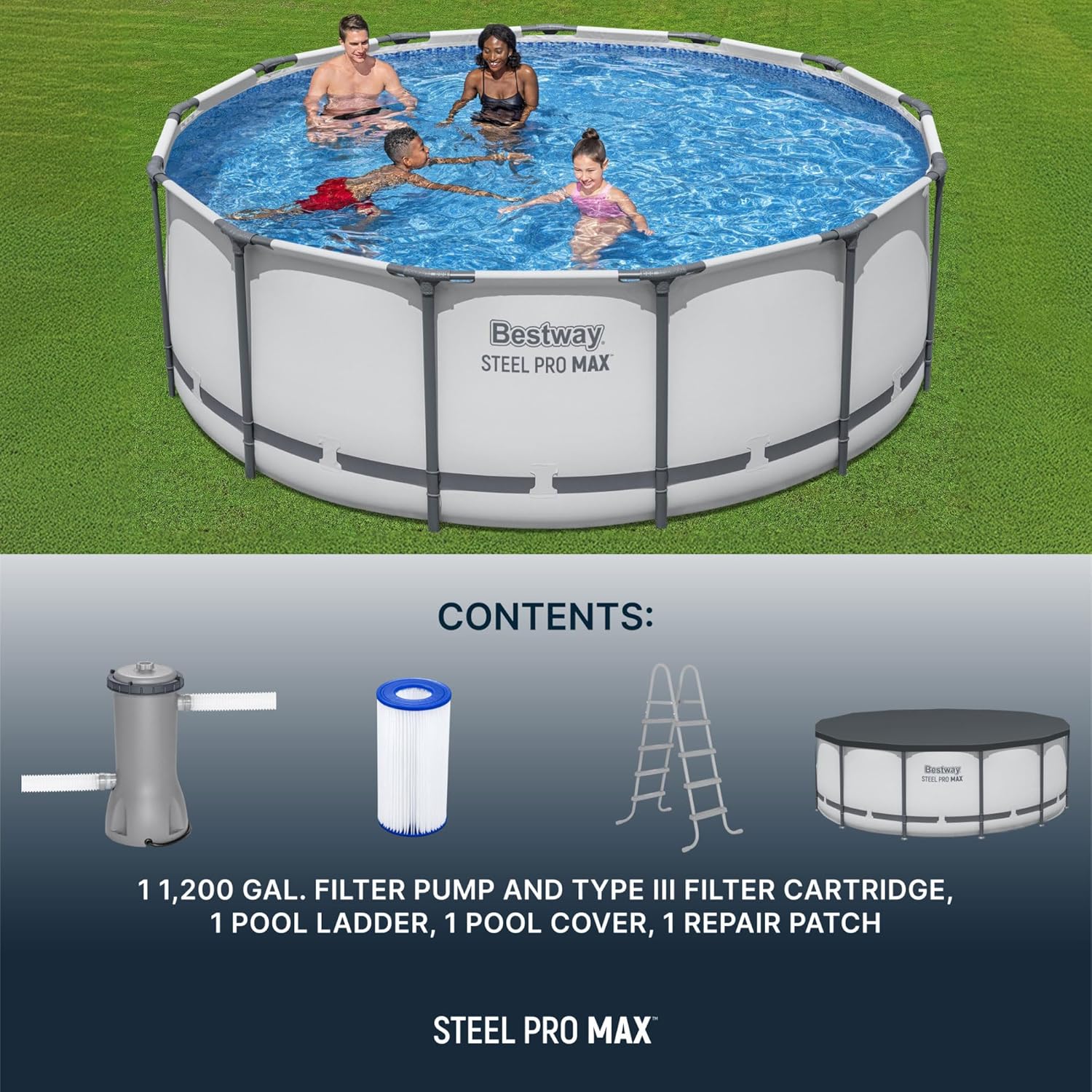 Steel Pro MAX 14 Foot x 48 Inch Round Metal Frame Above Ground Outdoor Swimming Pool Set