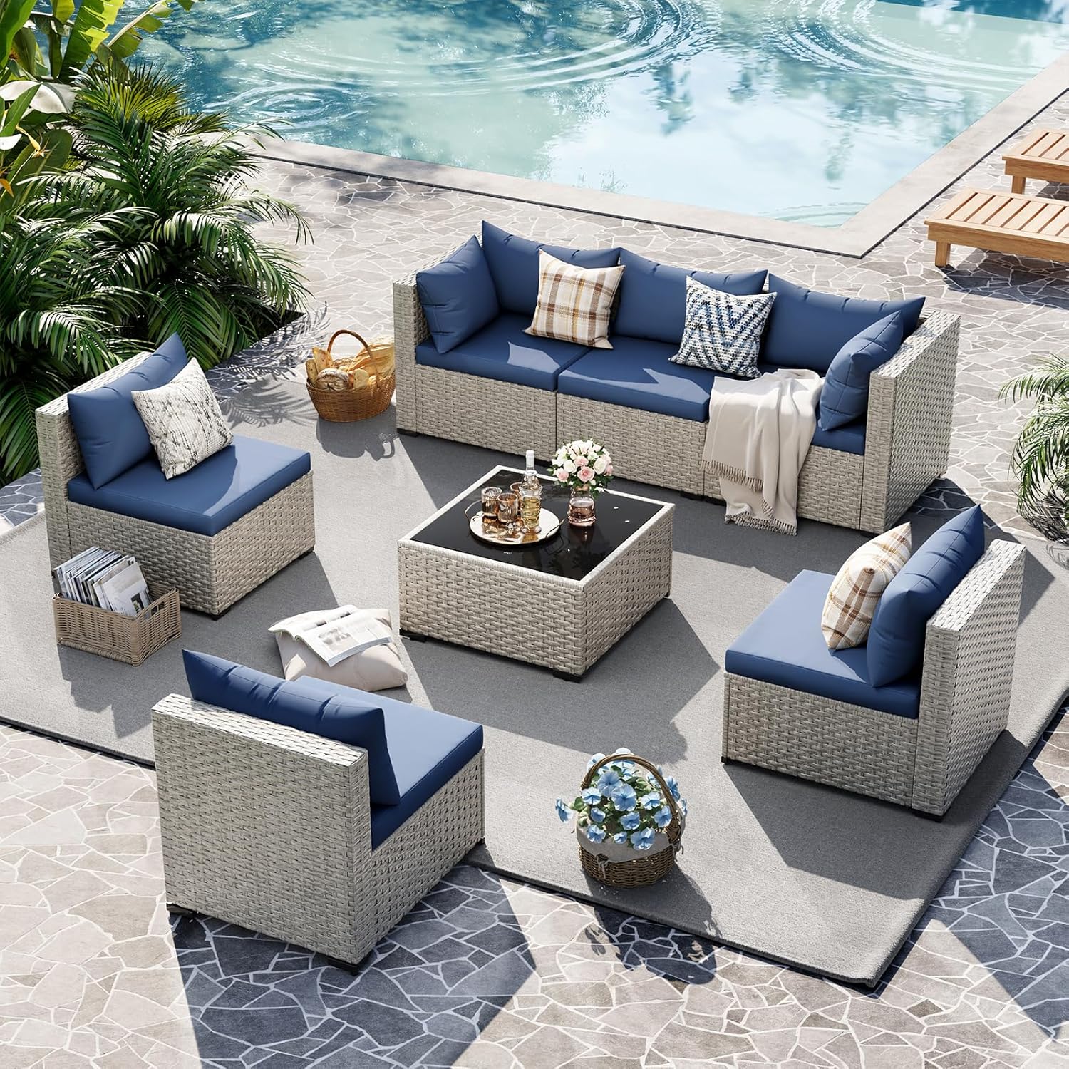 UDPATIO Outdoor Patio Furniture Set, 7-Piece PE Wicker Sectional Sofa with Tea Table, Outdoor Conversation Set for Patio, Garden, Backyard Green