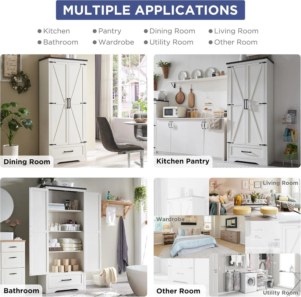 JXQTLINGMU Farmhouse Kitchen Pantry - 72 Tall Wood Kitchen Storage Cabinet with Adjustable Shelves and 2 Barn-Style Doors and Drawers