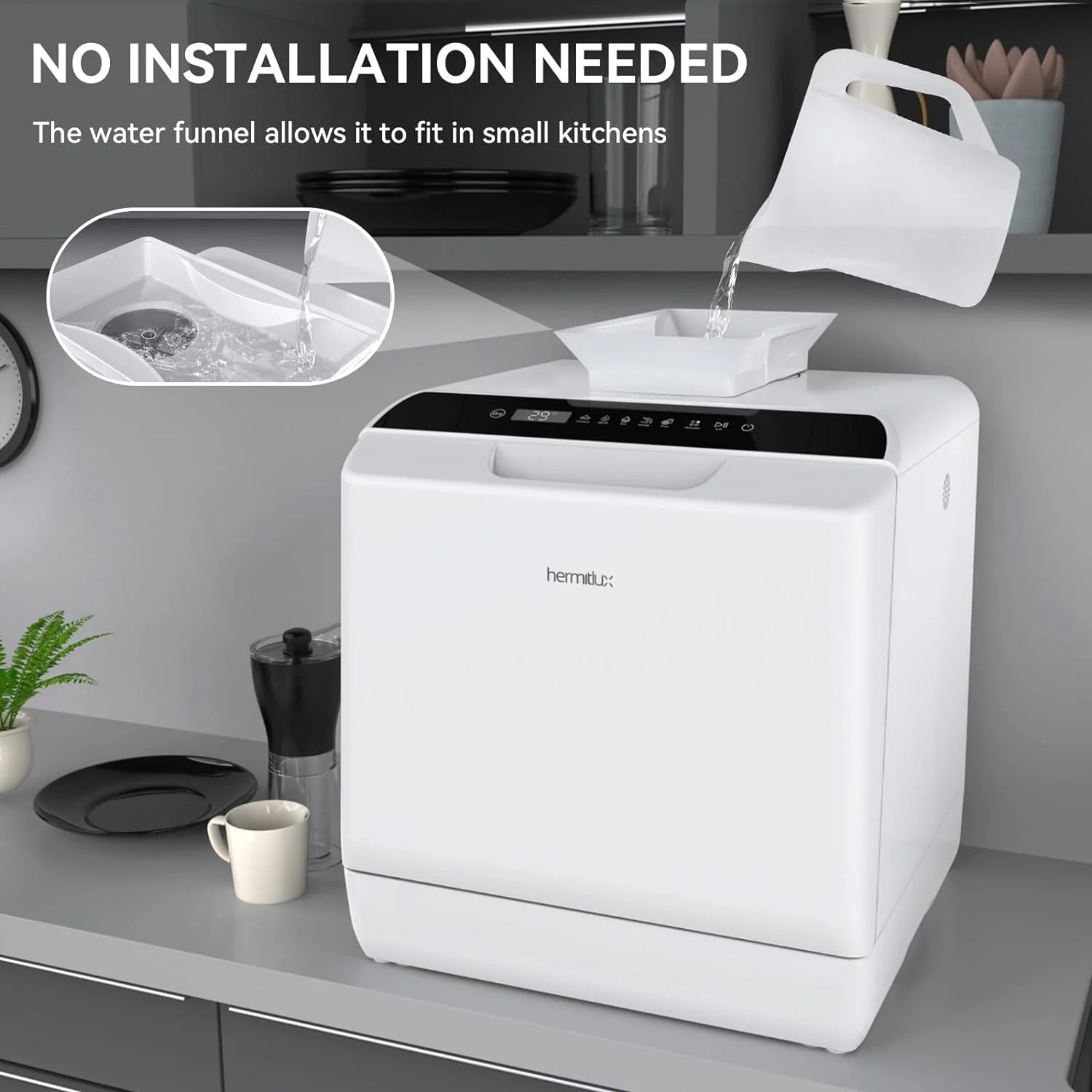 Hermitlux Countertop Dishwasher, 7 Washing Programs Portable Mini Dishwasher with 5-Liter Built-in Water Tank for Apartments & RVs, LED Light, Glass Door, No Hookup Needed
