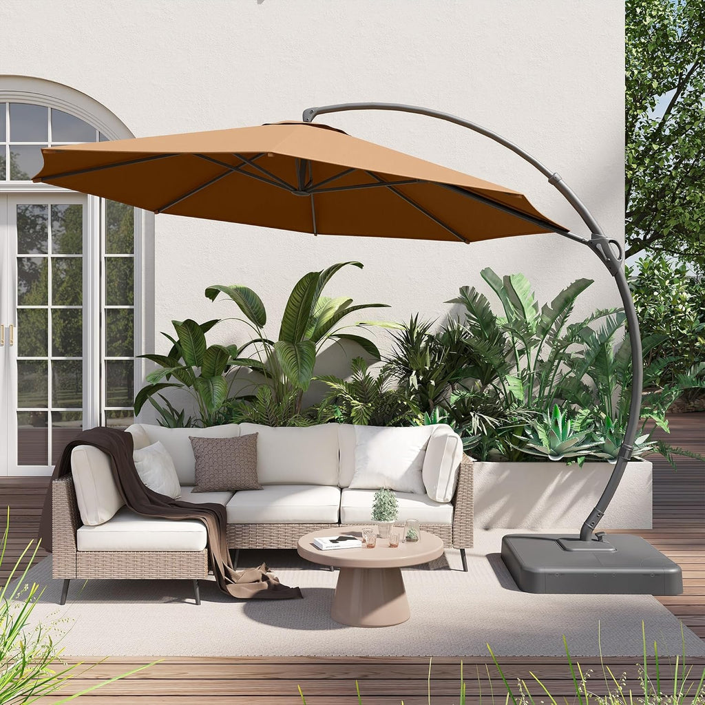 LAUSAINT HOME Outdoor Patio Umbrella with Base included, 11 FT Deluxe Curvy Cantilever Umbrella Heavy Duty Offset Hanging Umbrella with 360° Rotation for Market, Pool, Garden, Backyard, Deck (Beige)