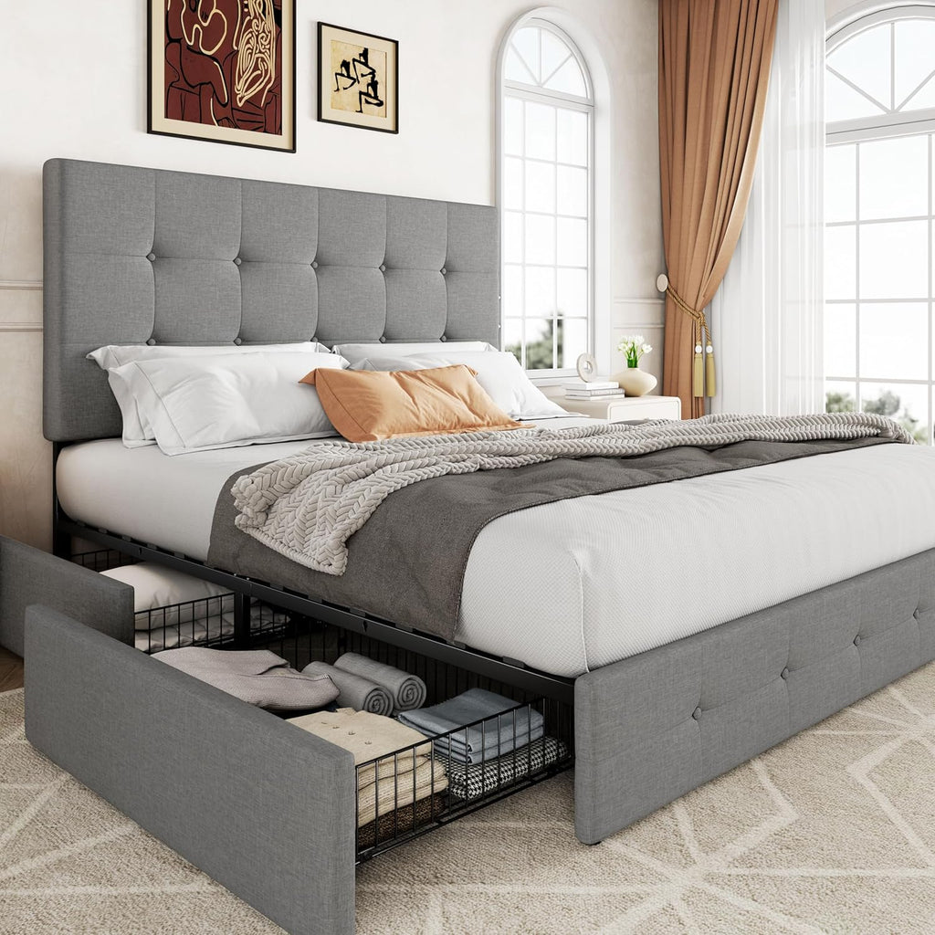 Allewie Upholstered Queen Size Platform Bed Frame with 4 Storage Drawers and Headboard