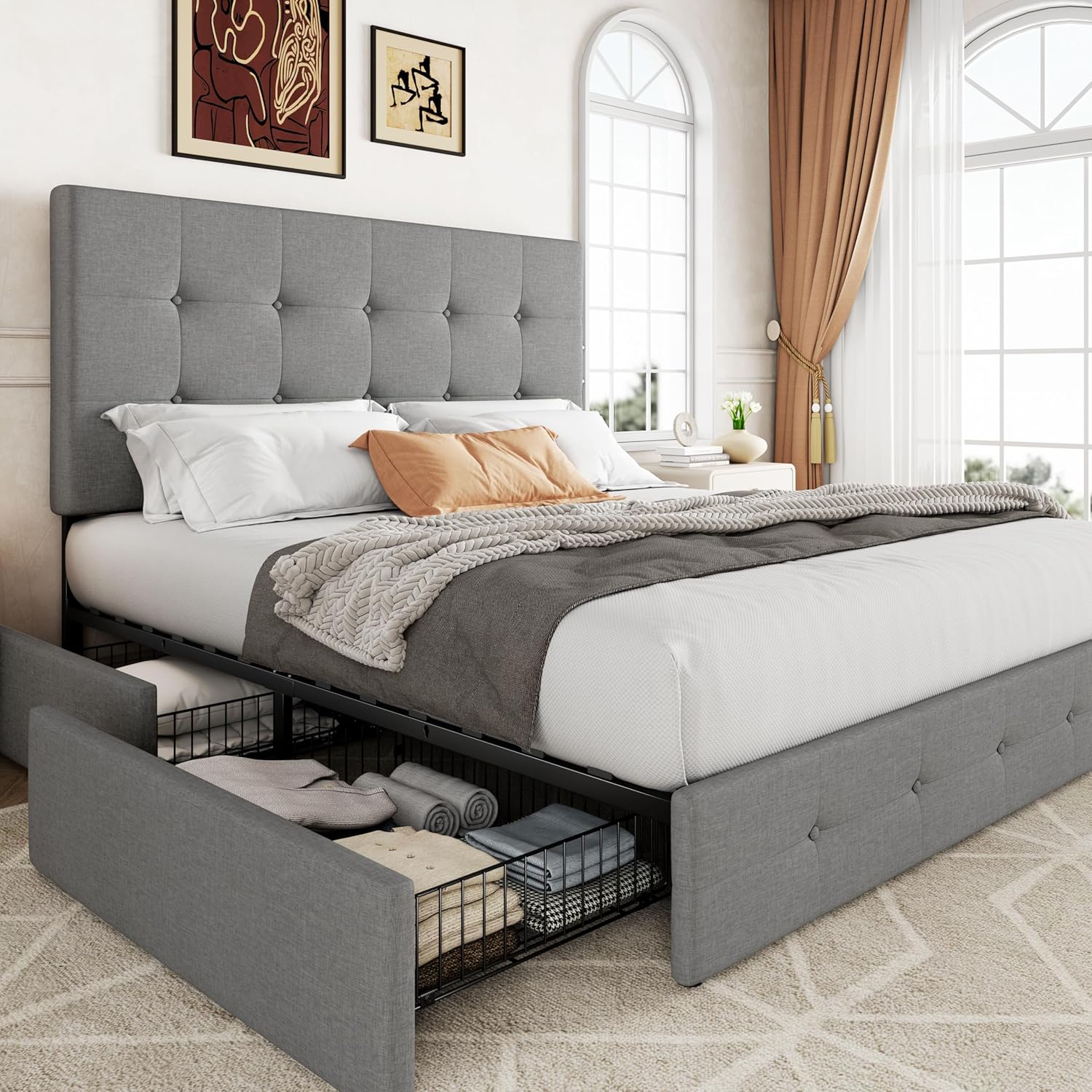 Allewie Upholstered Queen Size Platform Bed Frame with 4 Storage Drawers and Headboard