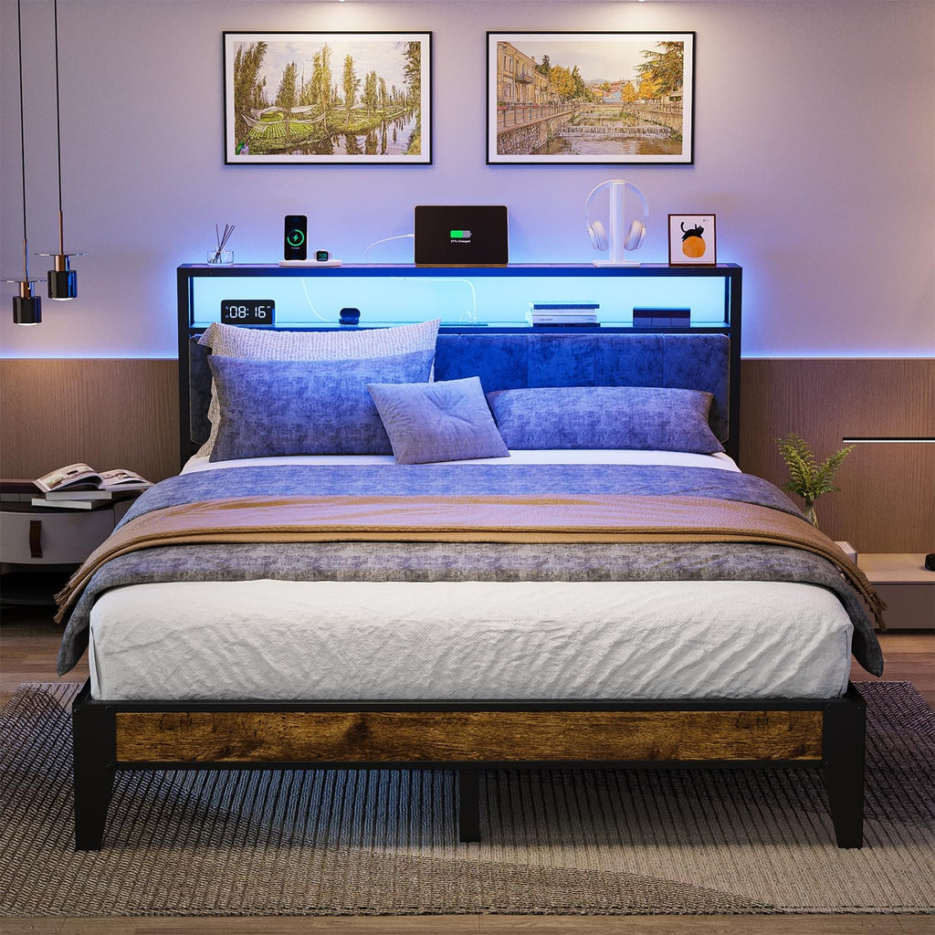 OLEVS Single Bed Frame LED Light Storage Headboard Type C Charging Station Metal Platform Bed