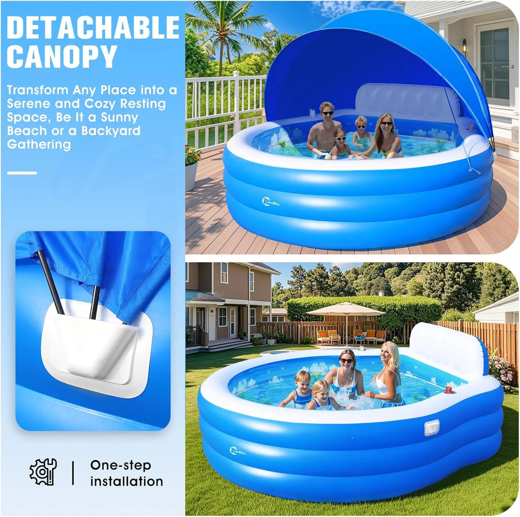 2025 Upgraded Inflatable Pool with Canopy, Inflatable Family Lounge Pool, Round Blow Up Pool for Adult with Bench & Backrest, Swim Center Easy Backyard Pools for Kids & Adults, 92x92x26, Blue