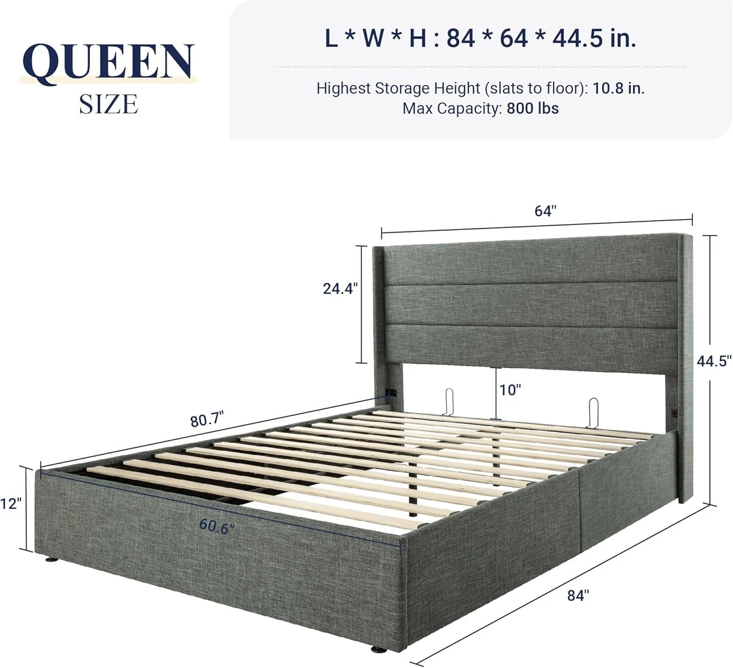 Allewie Queen Size Lift Up Storage Bed Modern Wingback Headboard Hydraulic Support