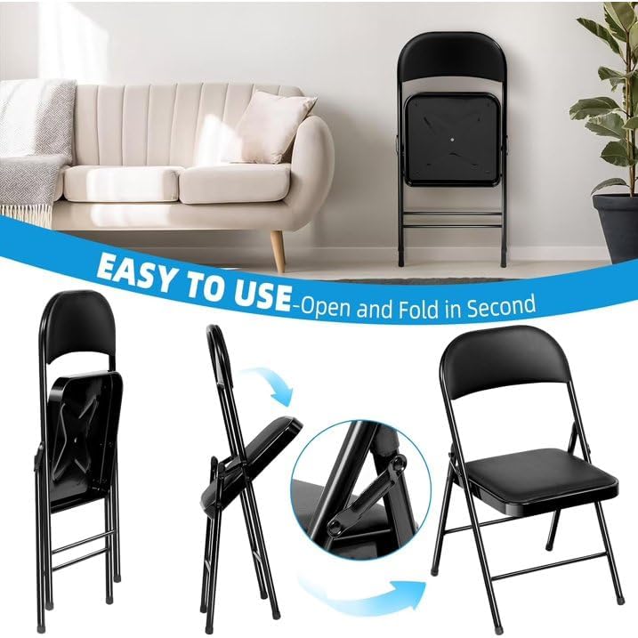 6 Pack Black Folding Chairs with Leather Chairs Events Office Wedding Party Upholstered Chairs
