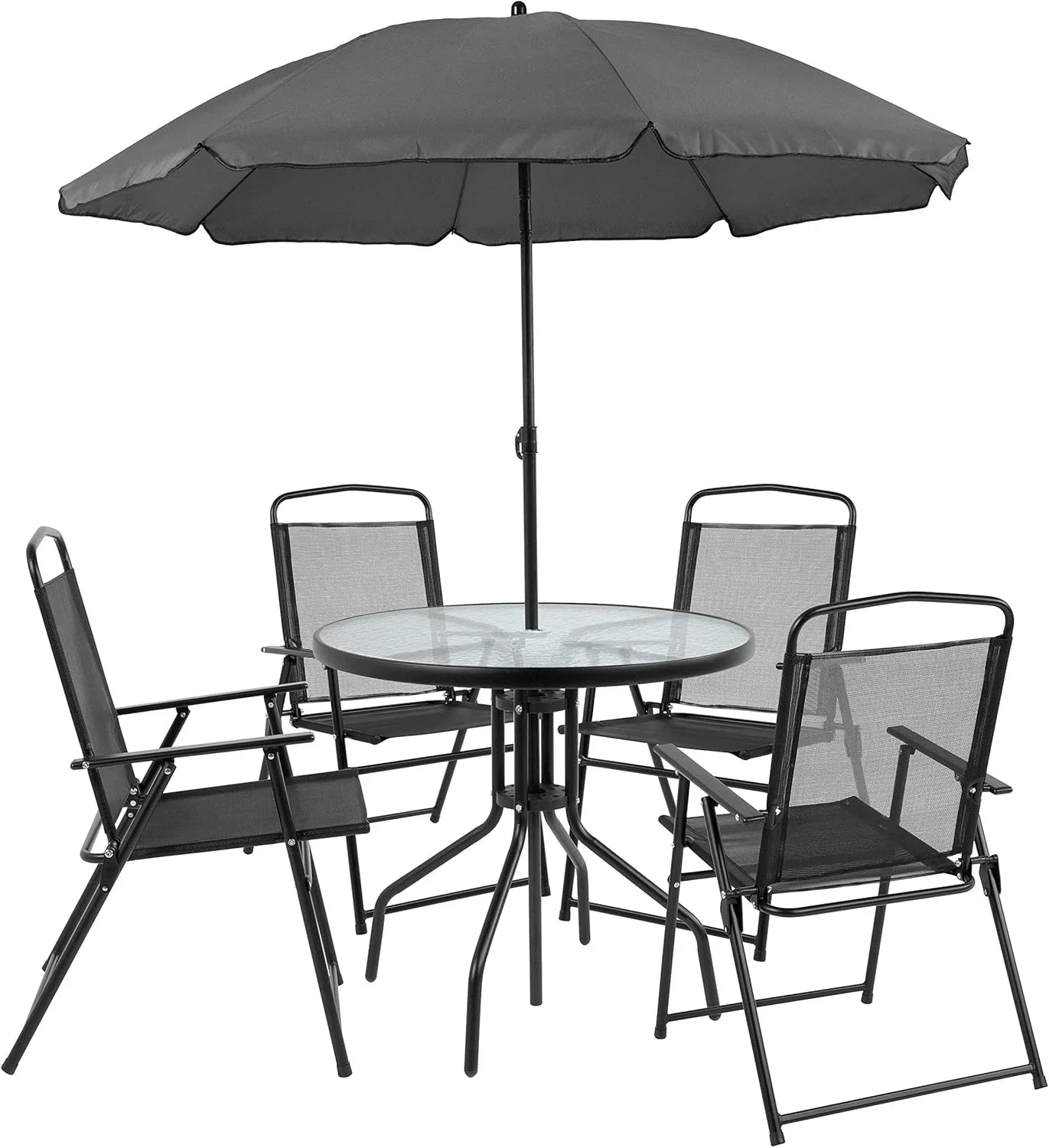 EMMA + OLIVER 6 Piece Brown Patio Garden Set with Umbrella Table Set of 4 Folding Chairs
