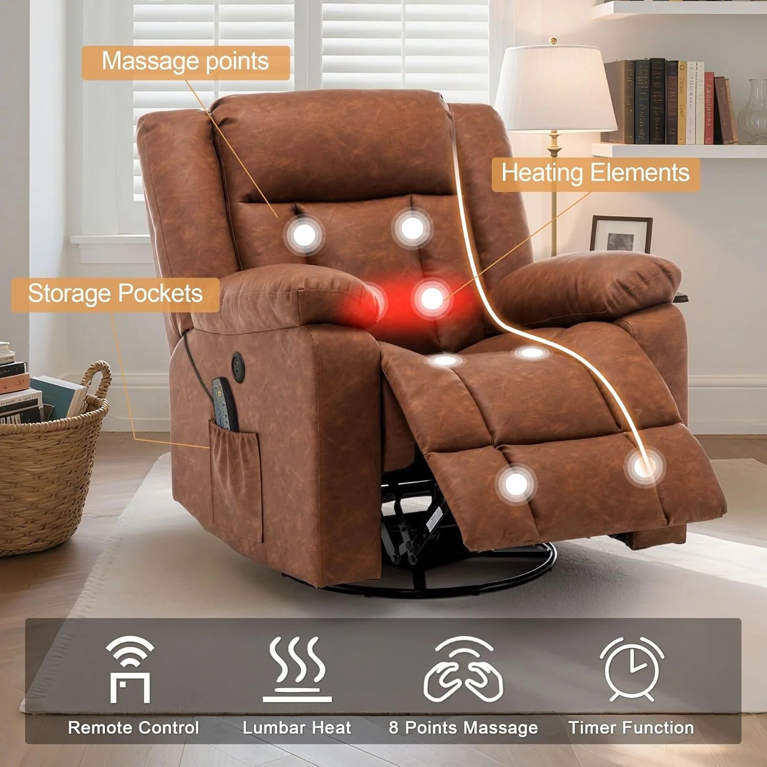 Rocker Recliner, Glider Recliner Chairs for Adults, 360�� Swivel Rocking Chair with Massage and Heating, Nursery Chair
