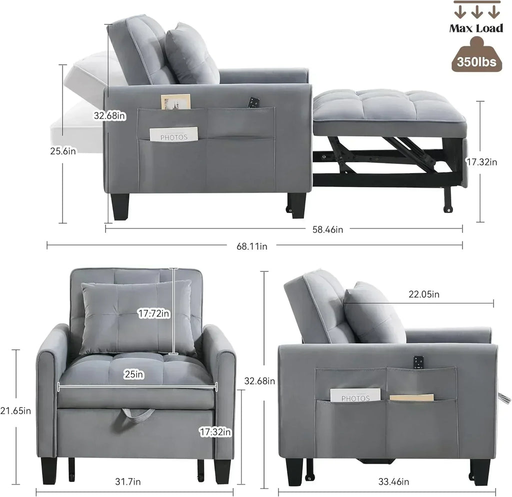 Convertible Sleeper Chair 3 in 1 Sleeper Chair Bed Pull Out Sofa Bed Chairs Velvet Single Sofa